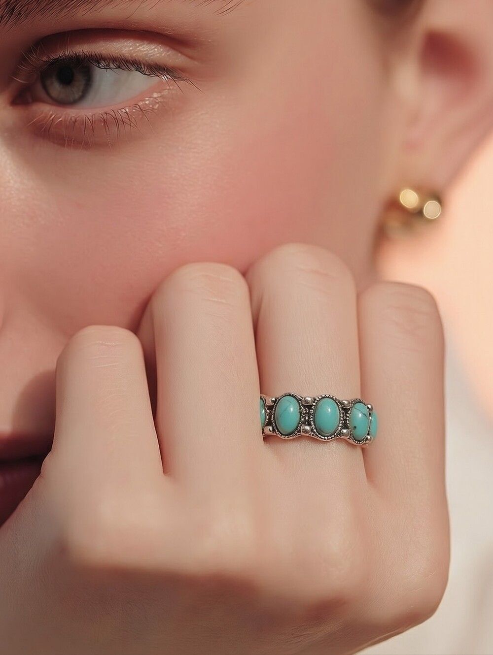 Turquoise Oval Bead Ring Size 5 Silver Boho Southwestern Statement Jewelry